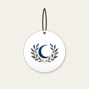 Crescent Moon and Olive Sprigs Ceramic Ornament in white: A centered crescent moon is flanked by olive sprigs in cobalt and gold line art on white.