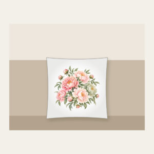 Blush Peony Gradient Pillow in white: All-over peonies drift across a gradient from blush to sage, joined by fine leaf lines.