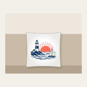 Lighthouse and Two Sailboats Pillow in white: A navy lighthouse, two cream sailboats outlined in navy and a coral rising sun.