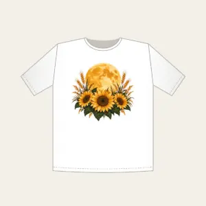 Harvest Moon over Sunflower Fields T-Shirt in white: A large harvest moon rises over sunflower and wheat silhouettes in amber, deep green and cream.