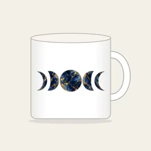 Gold-Veined Navy Marble with Moon Phases Mug in white: A marbled navy field with gold veining and a row of five moon phases in the center.