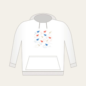 Paper Planes on Dotted Trails Hoodie in white: Little paper planes trail dotted paths in blue, coral and cream.
