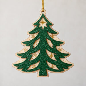 Glitter Pine Layered Wood Ornament with a Pine Green glitter top layer cut as a layered pine tree over a natural wood layer printed with gold snowflakes and a small star