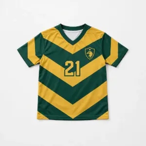 Gridiron Chevron Kids Football Jersey with chevron stripes in forest green and gold with a small crest on the chest and number "21"