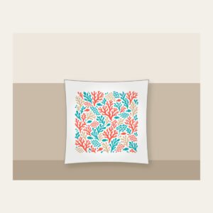 Coral Branch and Fish Scale Mosaic Pillow in white: An all-over mosaic of coral branches and small fish scales in coral, turquoise and sand.