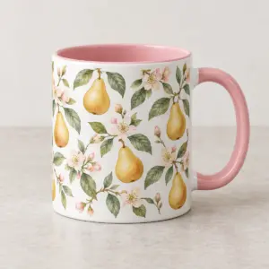 Pink Orchard Accent Mug with flat wraparound print of small golden pears, blush blossoms and sage leaves, with ample white space