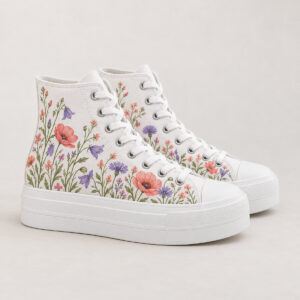 Wildflower Meadow High-Top Shoes with wildflowers in coral and violet growing up from the toe cap with green stems along the sides
