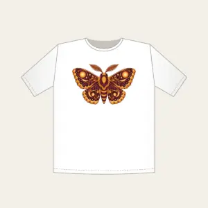 Glowing Amber Moth T-Shirt in white: A large moth with intricately patterned wings, each marked with a glowing circle in amber and plum.