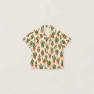 Cactus Garden Youth Camp Shirt with all-over potted cacti in terracotta and green on cream