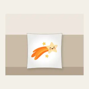 Cheerful Comet with Two Stars Pillow in white: A cheerful cream comet with an orange curved tail and two pale-yellow stars.