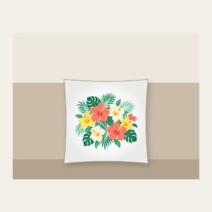 Hibiscus and Palm Sorbet Colors Pillow in white: Hibiscus and palm leaves in coral, mint and lemon scattered over cream.