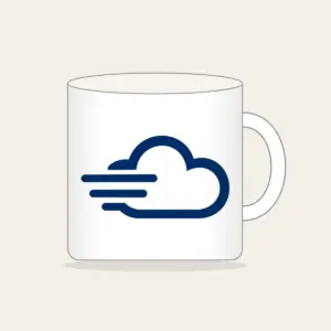 Speed Cloud Mug in white: A stylised cloud with three speed lines in navy and white.