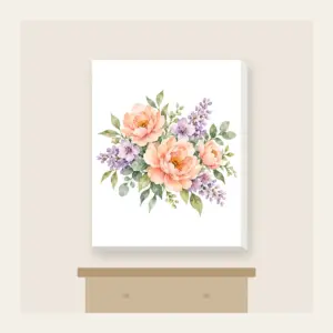 Watercolor Blooms in Peach and Lilac Canvas Print in white: Gentle watercolor blooms in peach, lilac and sage bleed softly across white space.