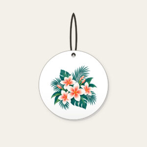 Plumeria and Palm Leaves on Deep Teal Ceramic Ornament in white: White and coral plumeria blossoms and palm leaves glow against a deep teal base.