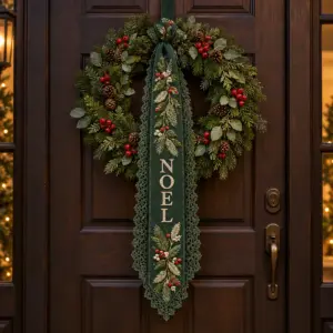 Green lace sash embroidered with evergreen sprigs and the word NOEL