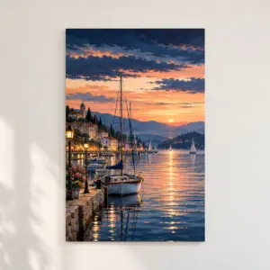 Evening Harbour Coated Silk Poster with portrait composition of a harbour with sailboats and lanterns beneath layered dusk sky bands in navy, peach and cream