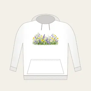 Wildflower Strip Beneath a Pale Sky Hoodie in white: A strip of yellow, purple and white wildflowers runs along the lower edge beneath a pale sky gradient.