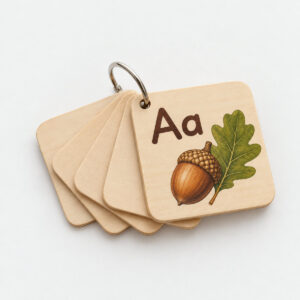 Alphabet Garden Wood Flash Card with a rounded card with a large letter "Aa" next to an acorn and oak leaf in brown and green, no other text