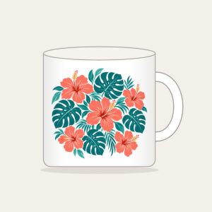 Coral Hibiscus and Monstera Leaves Mug in white: Coral hibiscus flowers and teal monstera leaves repeat across a cream ground.