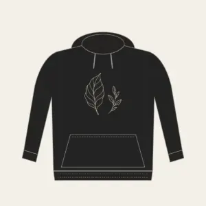 Single-Line Leaf Drawing Hoodie in black: One unbroken cream line sketches a graceful leaf, answered by a small sprig on the reverse side.