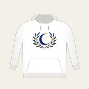 Crescent Moon and Olive Sprigs Hoodie in white: A centered crescent moon is flanked by olive sprigs in cobalt and gold line art on white.