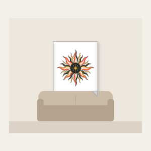Sunburst Lines on Charcoal with a Small Star Fleece Blanket in white: Sun lines in coral, gold and white radiate across a charcoal ground, with one small star set off to one side.