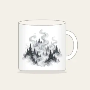 Campfire Smoke Curls Through Pines Mug in white: Wisps of smoke curl upward between dark pine silhouettes in muted greys.
