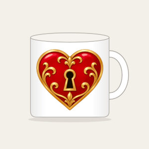 Heart and Keyhole in Red and Gold Mug in white: A small heart with a keyhole in red and gold on a clean ground.