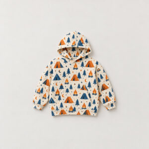 Campfire Stars Youth All-Over Hoodie with all-over repeat of small tents, campfires and stars in orange, navy and cream