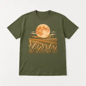Harvest Moon Wheat Tee with centred print of a large harvest moon above rows of wheat in orange and cream
