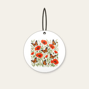 Butterflies Among Poppies Ceramic Ornament in white: Orange-and-black butterflies drift between poppies and tall grasses on a cream ground.