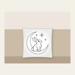 Line-Art Rabbit on a Crescent Moon Pillow in white: A white line-art rabbit sitting on a crescent moon with three stars.
