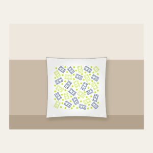 Tennis Court Lines Pillow in white: Court lines and tiny tennis balls in lime, white and navy.