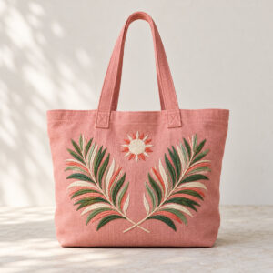 Pink Palm Embroidered Beach Tote with an embroidered palm frond pair and a small sun in white, coral and green cotton thread on the front