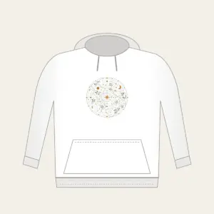 Map Lines with Blooms and Stars Hoodie in white: Winding map lines carry small blooms and stars in sage, cream and ochre.