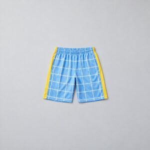 Sky Check Youth Soccer Shorts with sky blue checks with thin white lines and a yellow side stripe