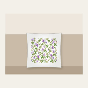 Sweet Peas Climbing a Lattice Pillow in white: Sweet peas climb an all-over lattice in lilac and green on cream.