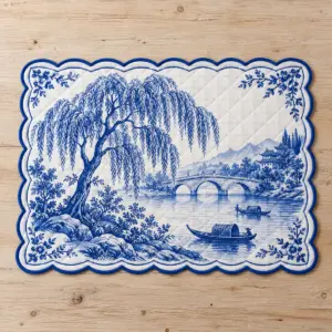 Quilted placemat printed with a cobalt willow and bridge scene on white