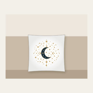 Gilded Constellations and Crescent Moons Pillow in white: Cream and gold constellations and crescent moons drift across a deep navy sky.