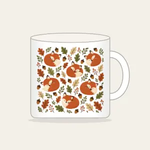 Curled Foxes, Acorns and Leaves Mug in white: Curled-up foxes, acorns and leaves repeat in rust, cream and moss.