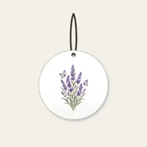 Lavender Stems and Two Butterflies Ceramic Ornament in white: Tall lavender stems rise beside two small butterflies in violet, cream and sage.