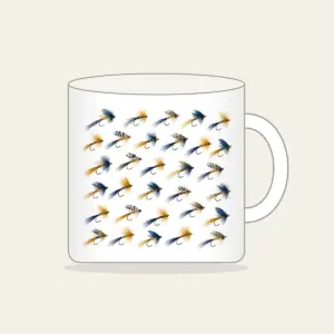 Trout Flies in Diagonal Rows Mug in white: Tiny trout flies lined up in diagonal rows in navy, gold and cream.