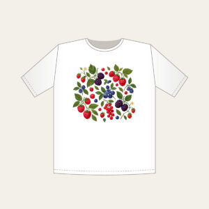 Wild Berries and Leaves T-Shirt in white: A scatter of wild berries and leaves in plum, red and green on cream.