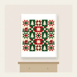 Cabin, Tree and Star Patchwork Canvas Print in white: Patchwork squares hold simple cabin, tree and star motifs in red, cream and green.