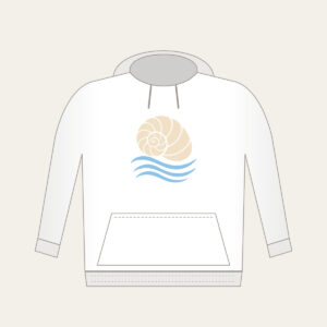 Cream Spiral Shell Over Blue Currents Hoodie in white: A cream spiral shell above three pale-blue flowing current lines.