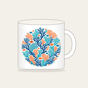 Branching Coral and Tiny Fish on Deep Blue Mug in white: Branching coral and small fish in teal and orange swim across a deep blue background.