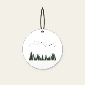 Pine Silhouettes under Scattered Stars Ceramic Ornament in white: A band of pine silhouettes runs along the lower edge beneath a drift of tiny stars in slate, forest green and cream.