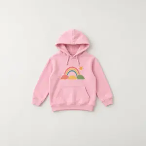 Baby Pink Rainbow Hill Kid Hoodie with compact front chest panel print of a rainbow arching over three hills with a sun in coral, yellow and green, hood shown with drawstrings as in the supplier image