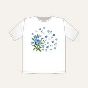Forget-Me-Not Scatter T-Shirt in white: Small forget-me-not flowers in blue and white drift across the space, with a larger sprig in one corner.