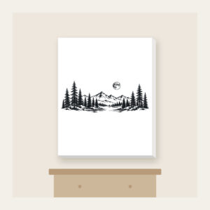 Pine Tree Line and Crescent Moon Canvas Print in white: A single-tone pine tree in line drawing with a small moon curled around it.
